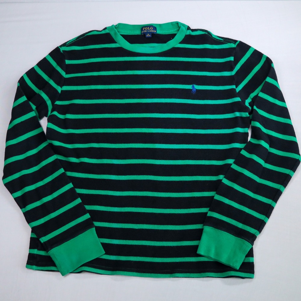 Polo Ralph Lauren Waffle Knit Thermal Shirt Kids XL 18-20 Green Navy Striped Top